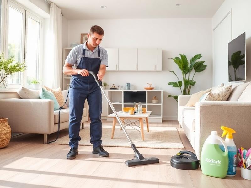 Cleaning professional tidying a living room