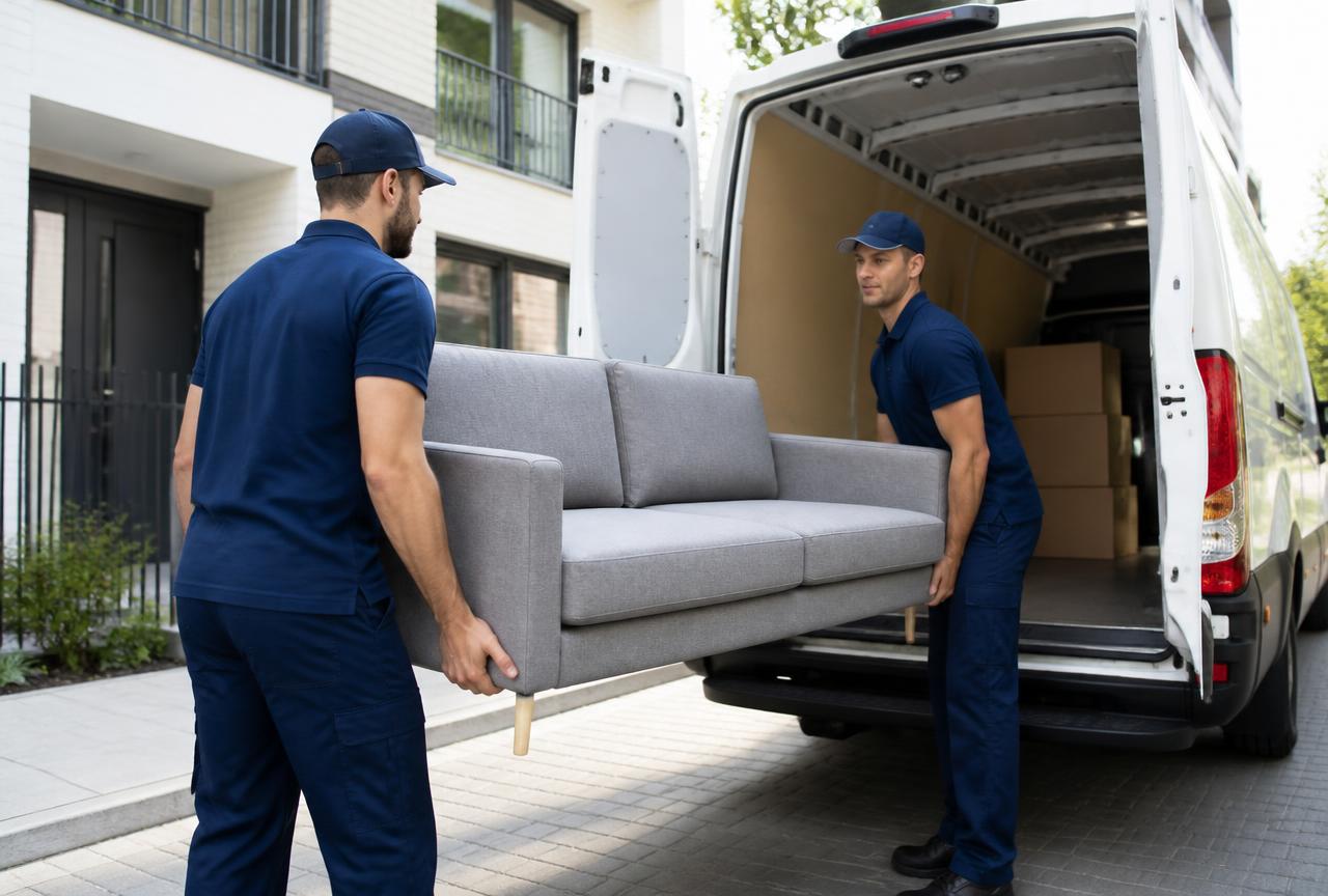 Movers loading a sofa into a van