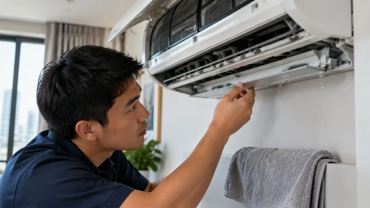 Technician checking the drain tray of a split AC unit with water droplets below