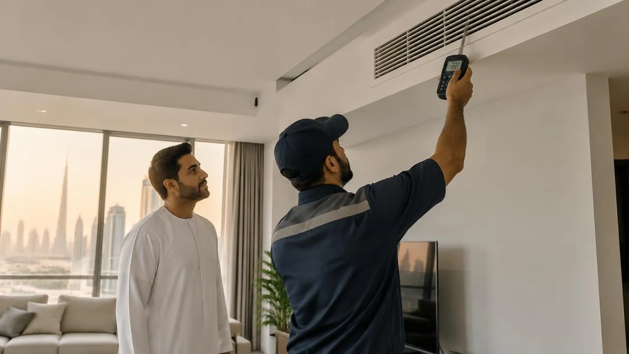 Technician measuring air temperature at a ceiling AC vent while a resident watches