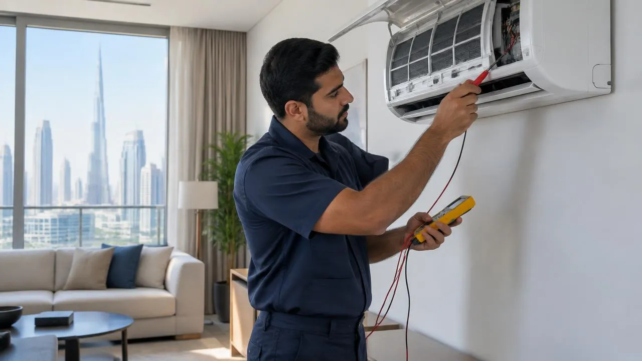AC technician testing a wall mounted air conditioner in a Dubai apartment