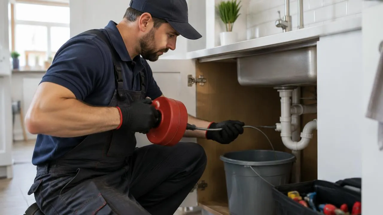 Plumber clearing a kitchen sink drain with a hand auger