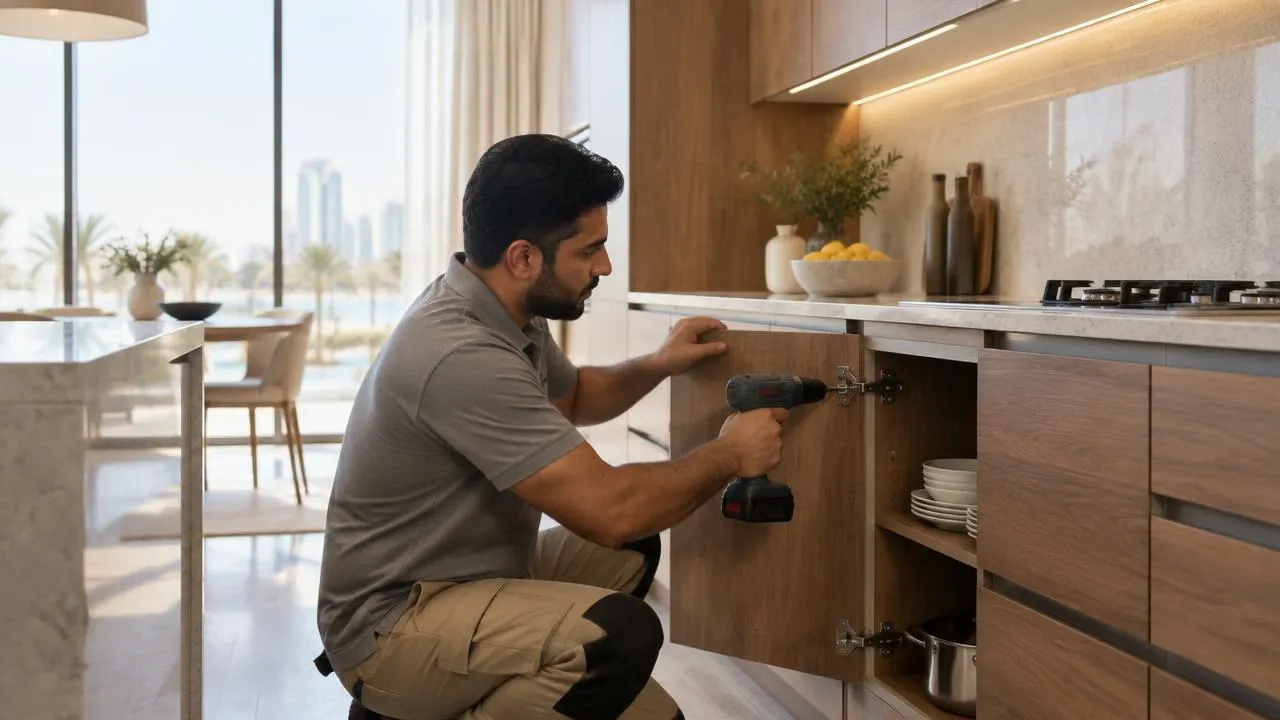 Carpenter adjusting a kitchen cabinet hinge in an Abu Dhabi villa