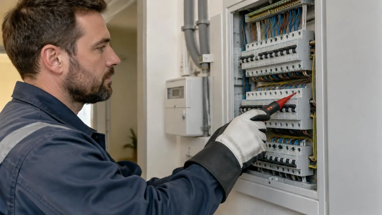 Electrician wearing gloves testing a residential distribution board