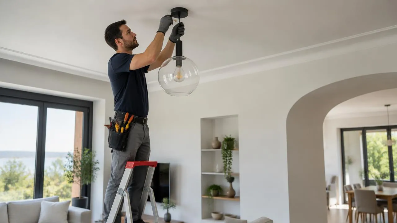 Electrician installing a ceiling light fitting in a villa living room