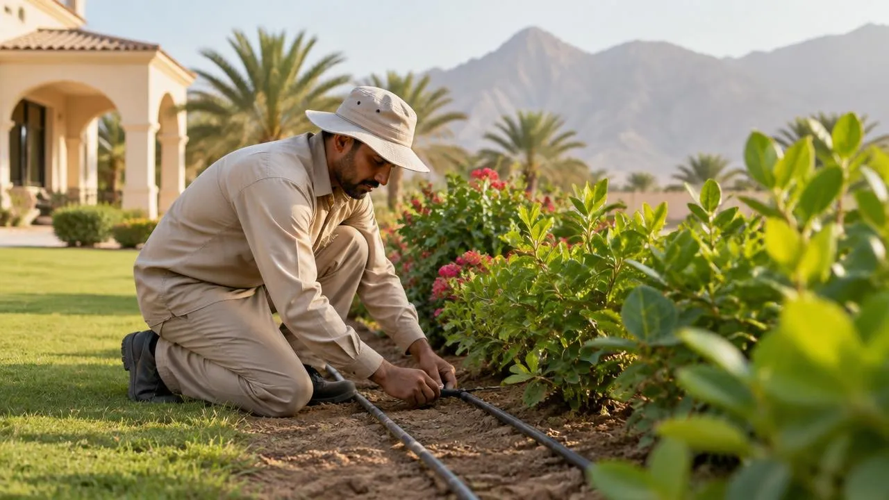 Gardener checking drip irrigation in a Ras Al Khaimah villa garden with mountains behind