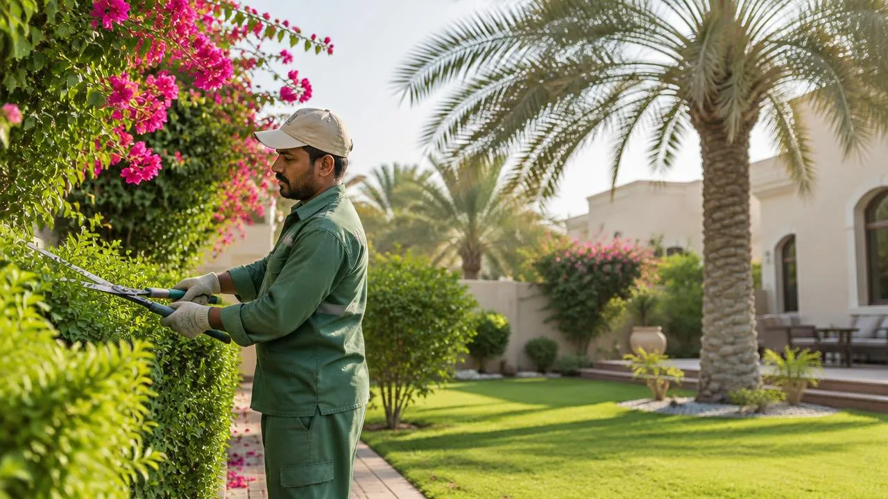 Gardener trimming a hedge in a Sharjah villa garden with bougainvillea and palms