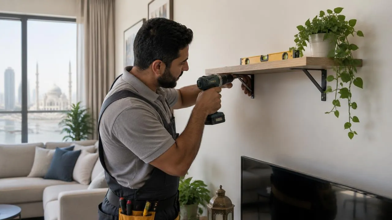Handyman mounting a wall shelf with a drill and spirit level in a Sharjah apartment