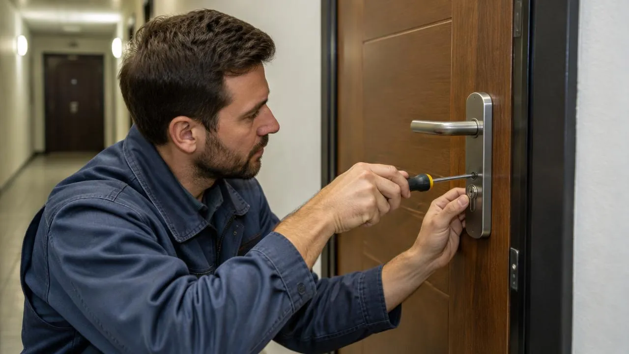 Locksmith fitting a new door handle and lock on an apartment door