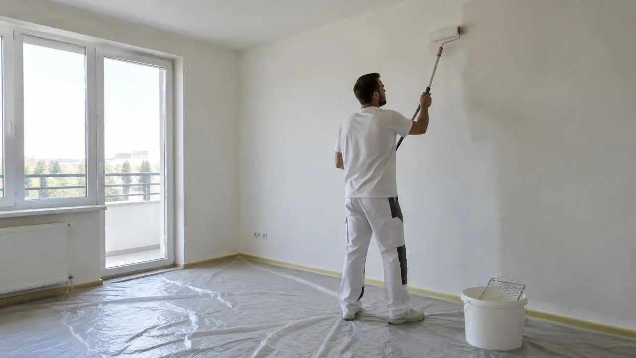 Painter rolling paint on an apartment wall with protective sheeting on the floor