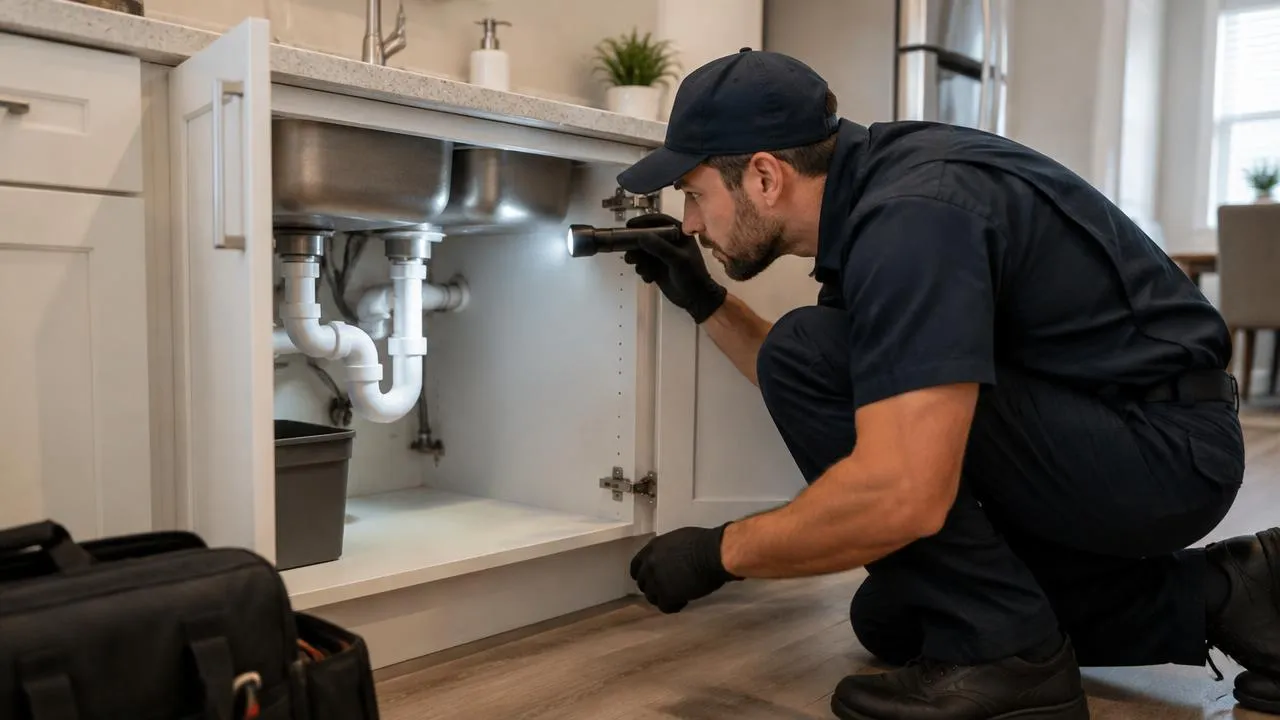 Pest control professional inspecting under a kitchen sink with a flashlight