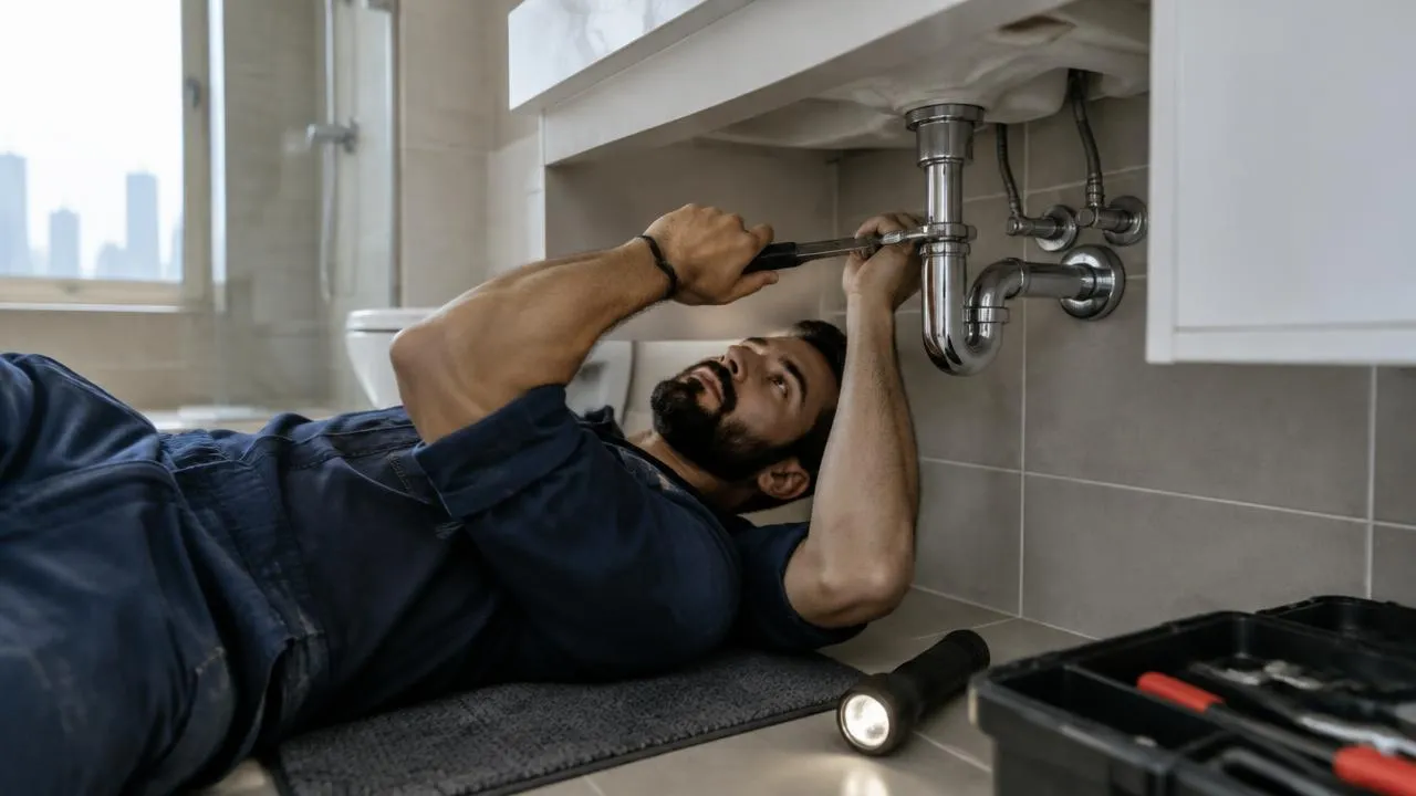 Plumber tightening a pipe fitting under a bathroom sink